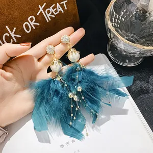 Bohemian blue feather tassel earrings with pearl and crystal floral studs for women