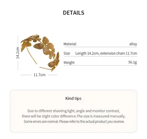 Detailed view of gold metal butterfly headband with dimensions and material info.