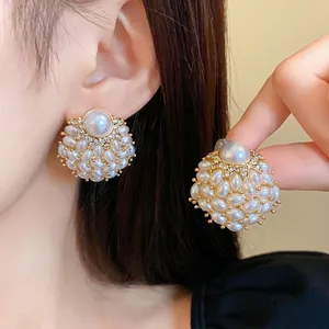 Französische Vintage Runde Künstliche Perle Ohrstecker Für Damen Strass Eingelegt Goldton Legierung Schmuck Mit Silber Ohrringpfosten
