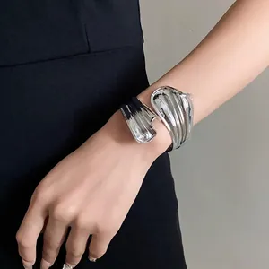 Chunky twisted silver-tone irregular metal open cuff bracelet for women punk style