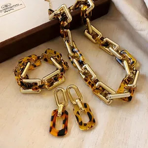 Elegant retro tortoiseshell leopard print chain necklace earrings and bracelet jewelry set