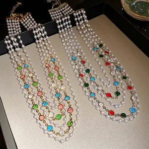 French Retro Multi-layer Artificial Pearl Beaded Necklace For Women Gold Silver Plated Alloy Rhinestone Clavicle Chain Jewelry