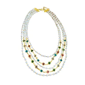 Elegant vintage French multi-layered necklace featuring pearls and colorful gemstones