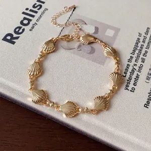 Vintage gold shell link bracelet with elegant grooved texture and adjustable chain.