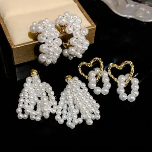 Literary Hollow Heart Artificial Pearl Drop Earrings Elegant Gold Plated Alloy Jewelry With 925 Sterling Silver Post