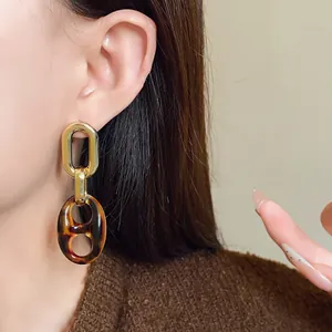 Detail shot of vintage titanium steel chain earrings with leopard pattern on model