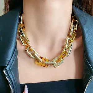 Detailed close-up of a retro chunky chain necklace featuring leopard print and gold links.