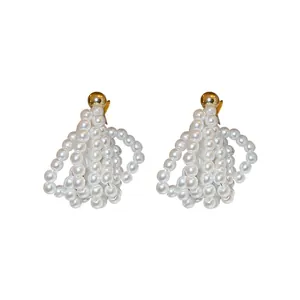 Elegant ruffled hollow pearl drop earrings with gold studs, vintage aesthetic fashion