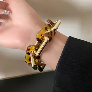 Macro view of a vintage chunky chain bracelet featuring tortoiseshell and golden links