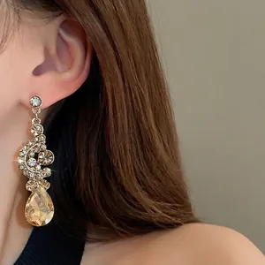 Elegant champagne water drop rhinestone long dangle earrings for women vintage style