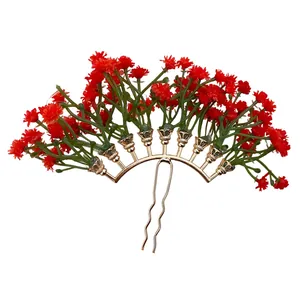 Elegant red baby's breath flower hair pin with gold fork for forest style hair decor