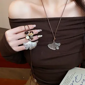New Chinese Style Ginkgo Leaf Pendant Necklace Long Sweater Chain With Wood Beads Resin Stainless Steel Jewelry For Women