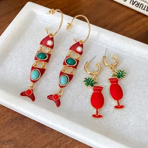 Boucles d'Oreilles Pendantes en Forme de Poisson et Coupe à Cocktail en Émail Avec Tige en Argent Sterling 925 Alliage de Luxe Léger Boucles d'Oreilles Or Rouge pour Femmes Bijoux de Mode
