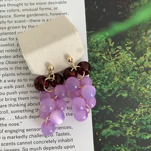 Detailed macro view of forest style resin grape cluster earrings with purple beads