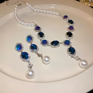 French Vintage Blue Rhinestone Inlaid Oval Gemstone Tassel Necklace And 925 Sterling Silver Earring Post Artificial Pearl Earrings Necklace And Earrings For Women