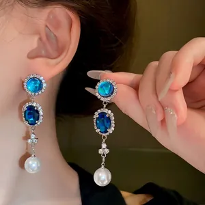 Elegant French vintage blue crystal and white pearl tassel drop earrings for women