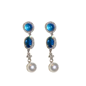 Vintage French style blue crystal and pearl drop earrings with rhinestones