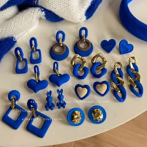 Klein Blue Retro Stud Earrings Alloy Matte 925 Sterling Silver Post Heart Rabbit Geometric For Women Jewelry