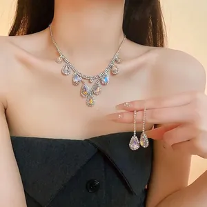 Elegant French style waterdrop rhinestone necklace and earrings jewelry set for women