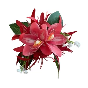 Elegant red orchid fabric flower hair clip sweet forest style hair accessory for women