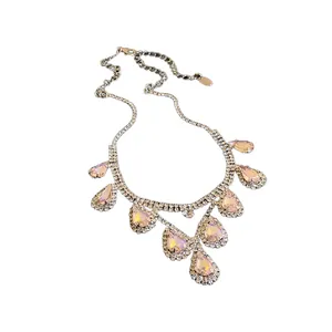 Elegant French style necklace featuring water drop rhinestones in a silver setting