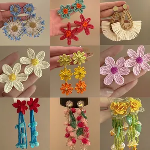 Handmade Colorful Dopamine Flower Drop Earrings For Women Alloy Fabric Floral Stud Earrings With 925 Sterling Silver Earring Post Vacation Style Jewelry