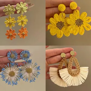 Colorful woven flower earrings in bohemian vacation style with various floral designs