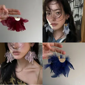 Fashion Bohemian Feather Tassel Earrings With Steel Earring Post Handmade Hammered Round Metal Dangle Ear Hooks For Women Jewelry