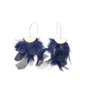 Elegant navy blue feather tassel drop earrings with gold-tone hammered metal finish
