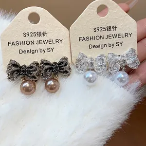 Wrinkled Bow Artificial Pearl Stud Earrings With 925 Sterling Silver Earring Post Alloy Rhinestone Earrings For Women Jewelry