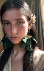 Stunning close-up view of dark green feather tassel earrings with golden accents on a model