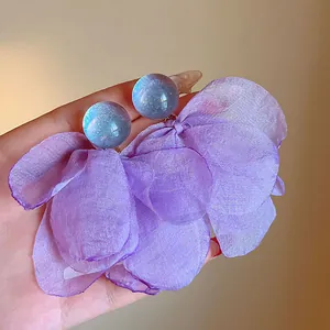 Large purple fabric flower earrings with iridescent blue bead tops for fashion women