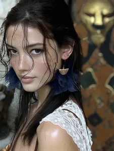 Detailed view of model wearing elegant dark blue feather tassel earrings