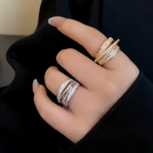Multi-layer Geometric Open Ring For Women Copper Zirconia Pave Adjustable Senior Feel Index Finger Niche Design Jewelry Ring