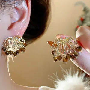 Vintage Tiger Eye Stone Fireworks Tassel Stud Earrings With 925 Sterling Silver Earring Post Maillard Style Rhinestone Earrings For Women