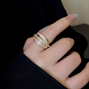Elegant multi-layer geometric open ring with sparkling zircon stones for women's fashion