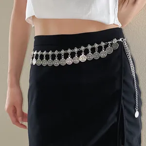Prachtige vintage zilveren munt kwastje taille ketting riem voor dames in retro-etnostijl