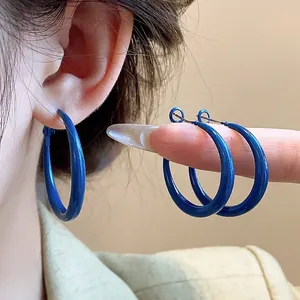 Vintage Klein Blue Large Hoop Earrings For Women Retro Fashion Iron Jewelry With Silver Earring Post High Grade Accessories