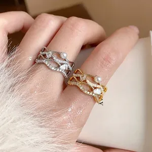 18K Gold Plated Copper Open Ring For Women Elegant Wave Pattern Ring Inlaid Artificial Pearl Zirconia Luxury Party Jewelry Gift