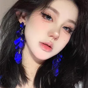 Elegant long blue silk petal tassel earrings for women featuring a vintage luxury design.
