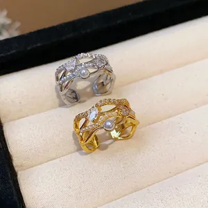 18k gold plated open ring with shimmering zircon and pearls, minimalist luxury jewelry set