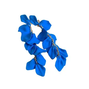 Bright blue matte petal tassel drop earrings with gold chain in vintage style