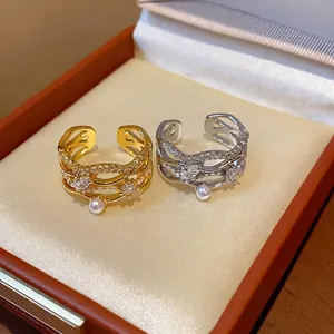 Elegant 18k gold plated open rings with pearls and sparkling cubic zirconia in jewelry box