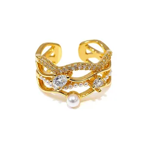 Elegant 18K gold plated multi-layer open ring with sparkling zircon and pearl accents