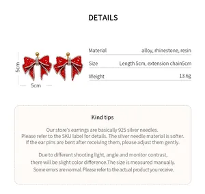 Detail showing dimensions and material of red rhinestone bow earrings for women