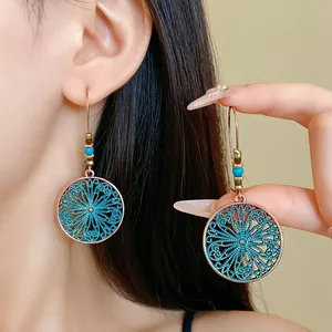 Bohemian Vintage Alloy Enamel Floral Drop Earrings With Artificial Pearl Rice Beads Ethnic Round Hollow Dangle Earrings For Women