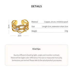 Product details of the 18k gold plated ring with zircons and pearls, showing 2cm size.