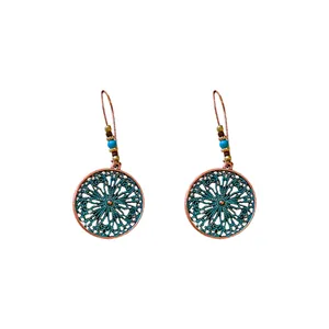 Vintage bohemian copper hoop earrings with turquoise drip oil flower design for women