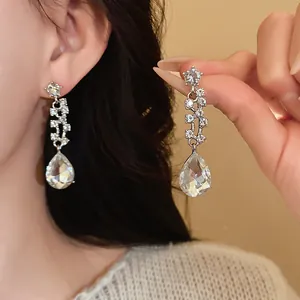 Vue détaillée d'élégantes boucles d'oreilles en cristal étincelant portées à l'oreille