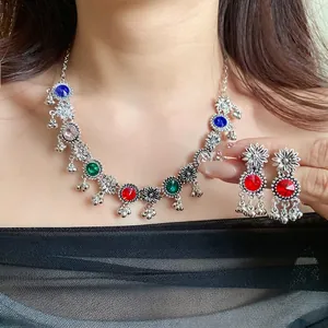Exquisite vintage palace style silver necklace and earrings set with colorful crystals
